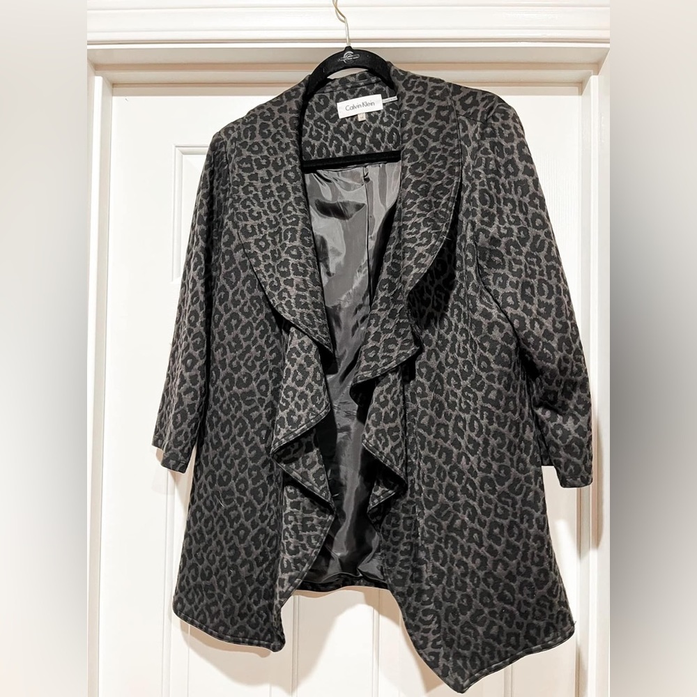 Calvin Klein Leopard Print Waterfall Lapel Jacket, sz 14 (black/grey)